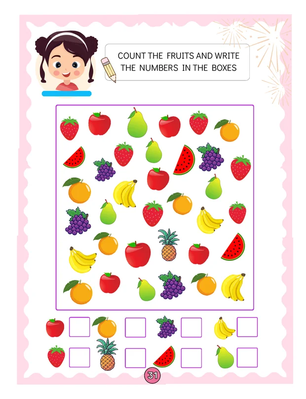 Preschool math worksheet for counting fruit