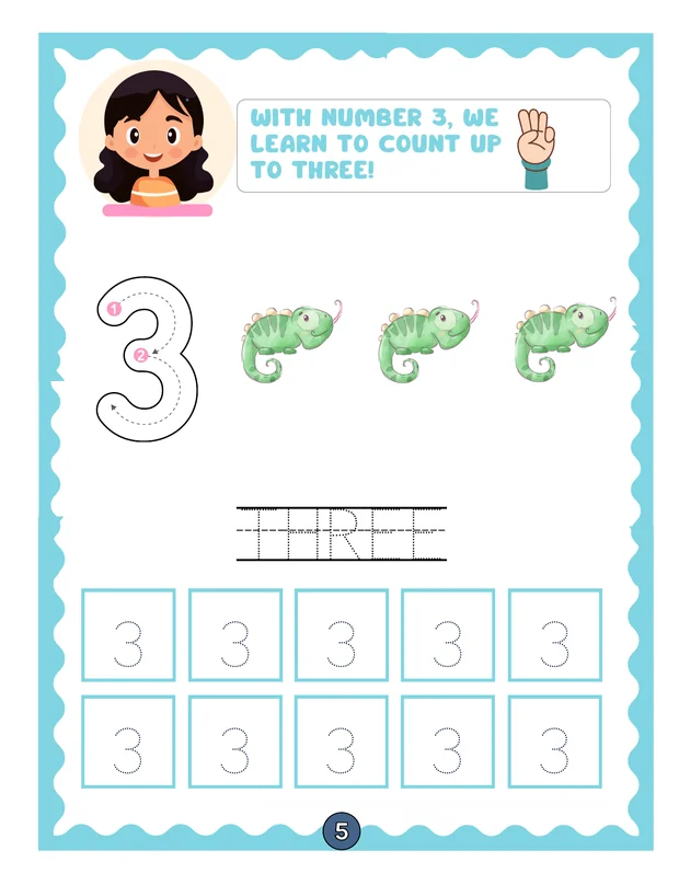 Preschool math worksheet to trace the number 3 and count three objects