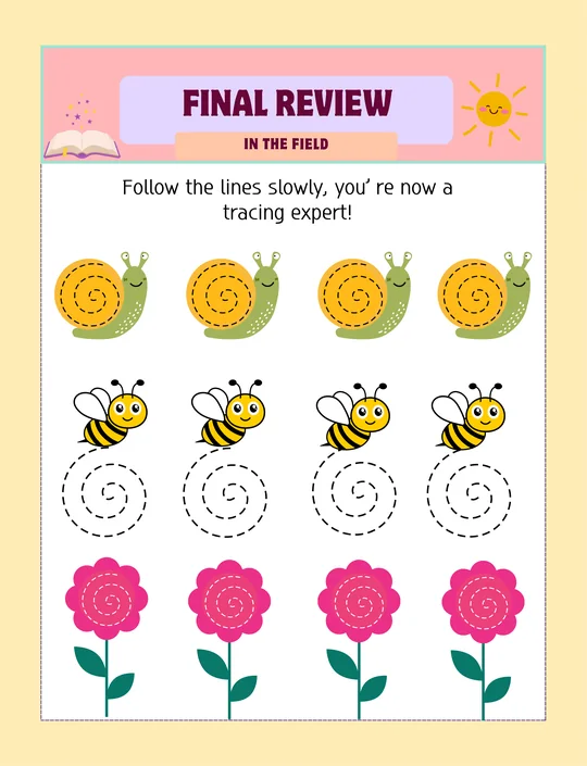 Free preschool tracing worksheet, Final review: bees and snails