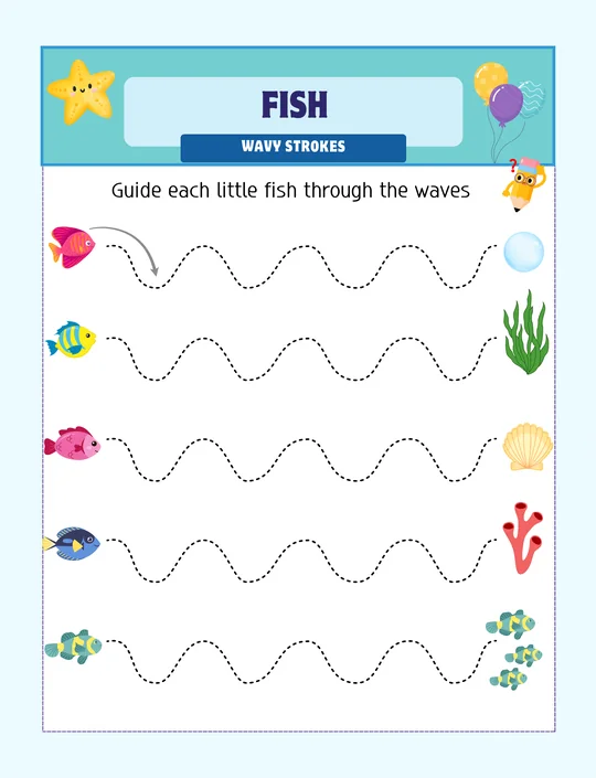 Free preschool tracing worksheet, Fish: wavy lines
