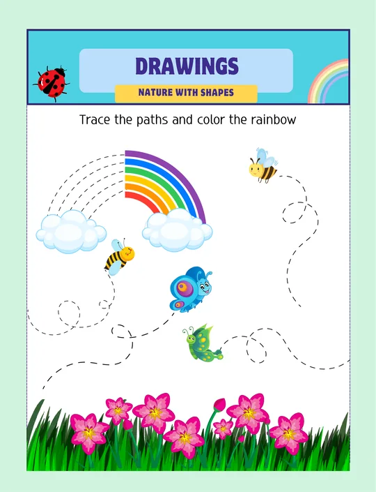 Free preschool tracing worksheet, Rainbow: trace and color