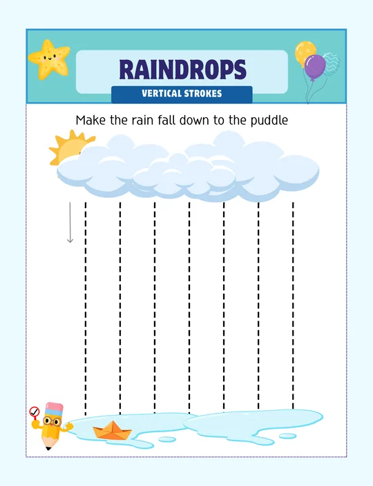 Free preschool tracing worksheet, Raindrops: vertical lines