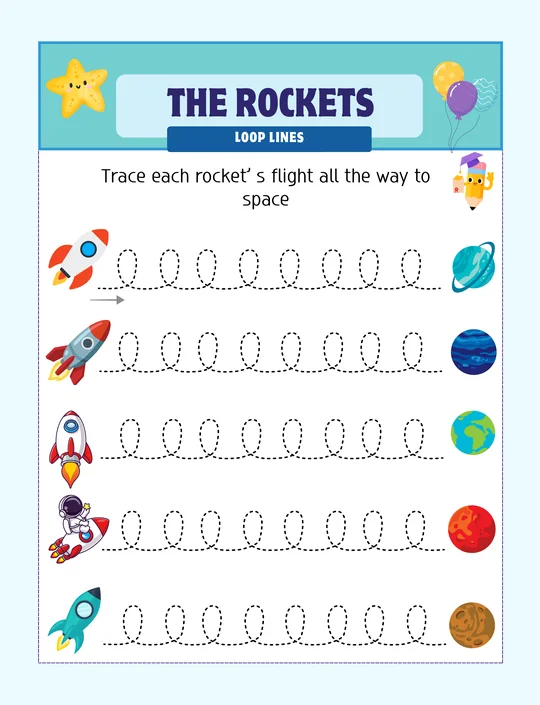 Free preschool tracing worksheet, Rockets: loops