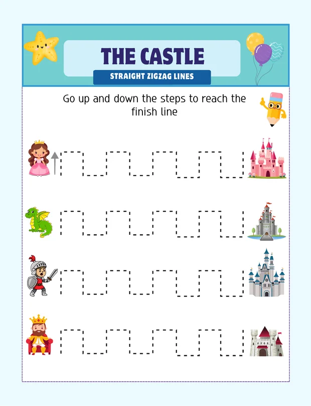 Preschool tracing worksheet with up and down lines to reach a castle